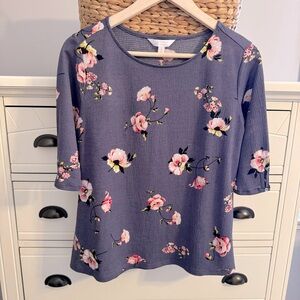 Lauren Conrad Elbow Sleeve Button Floral Gray Dressy Flirty Top Women’s Small